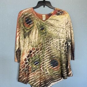 Jess & Jane Top Womens XL Peacock Giraffe Print USA‎ Made Artsy Stretch Shirt